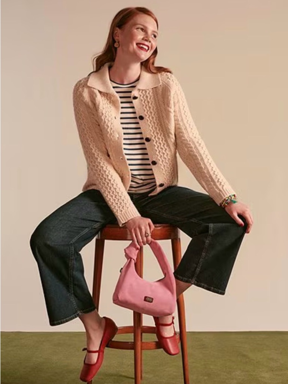 FRANCIS VALENTINE Chunky Cable Knit Button-Up Sweater Cardigan - Cream - Picture 14 of 17